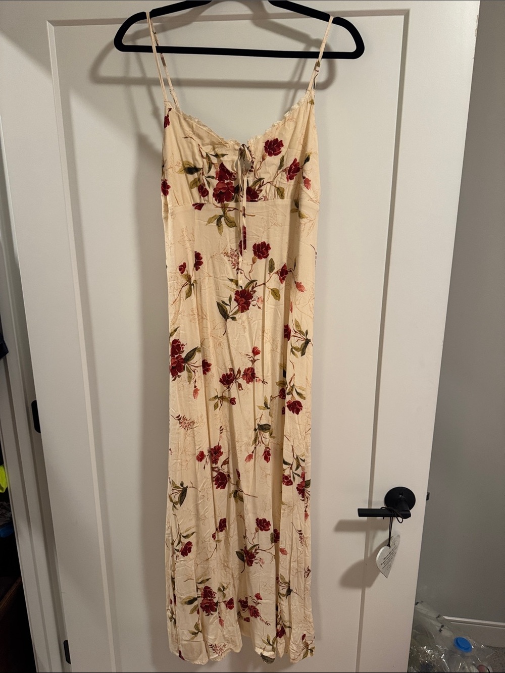 90s/ Y2K style Floral Cream Maxi Slip Dress with Red Rose Print
